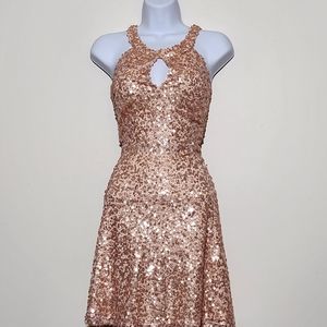 Newbury Kustom sequin mini halter style dress size L large in peach / nude color